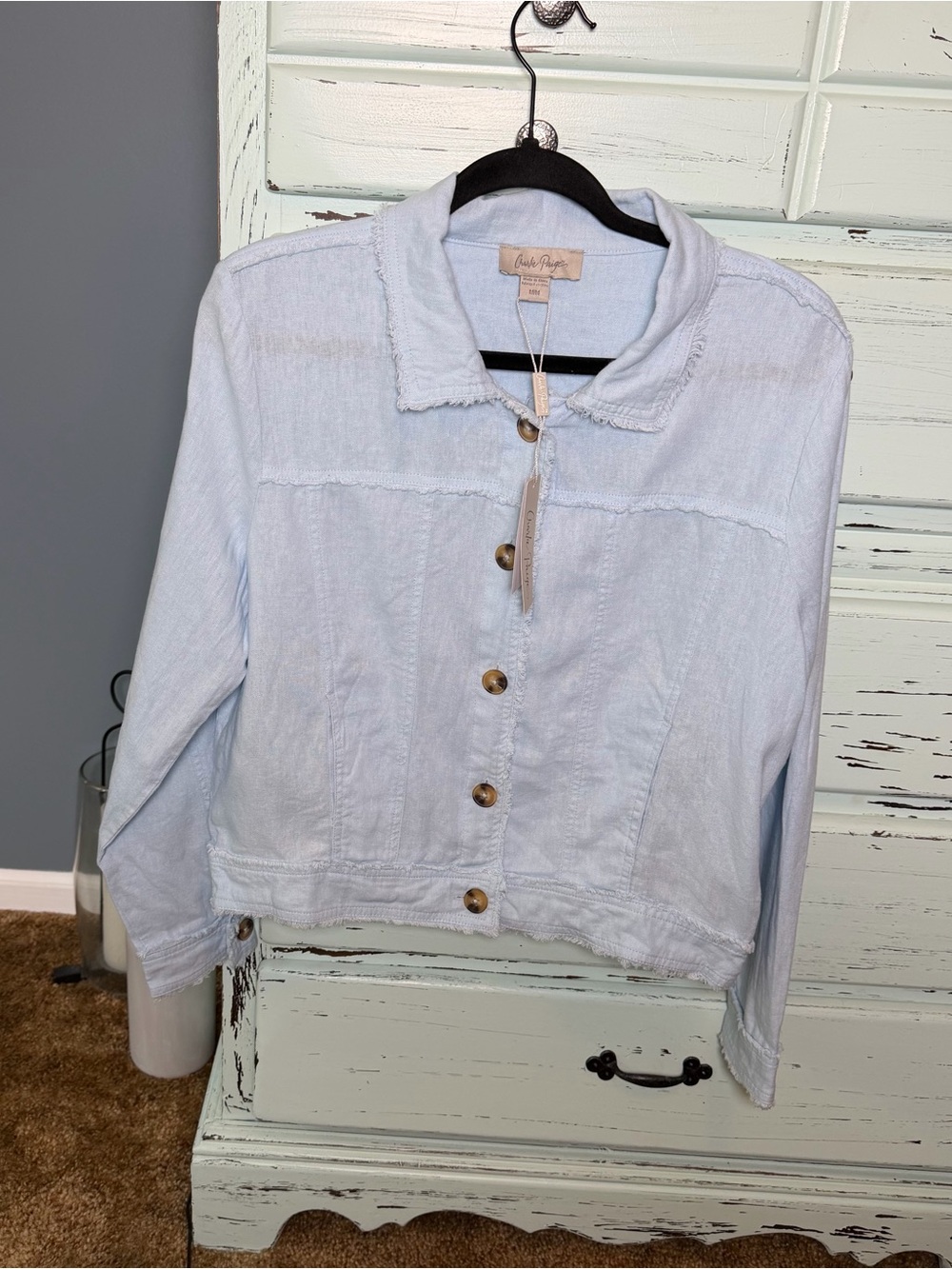 Charlie Paige Light Blue Denim Button Up Light Jacket, size medium, new with tag